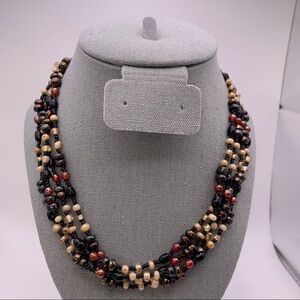 Vintage Neutral Brown, Red, Black Beige Layered Chunky Beaded Short Necklace 16"